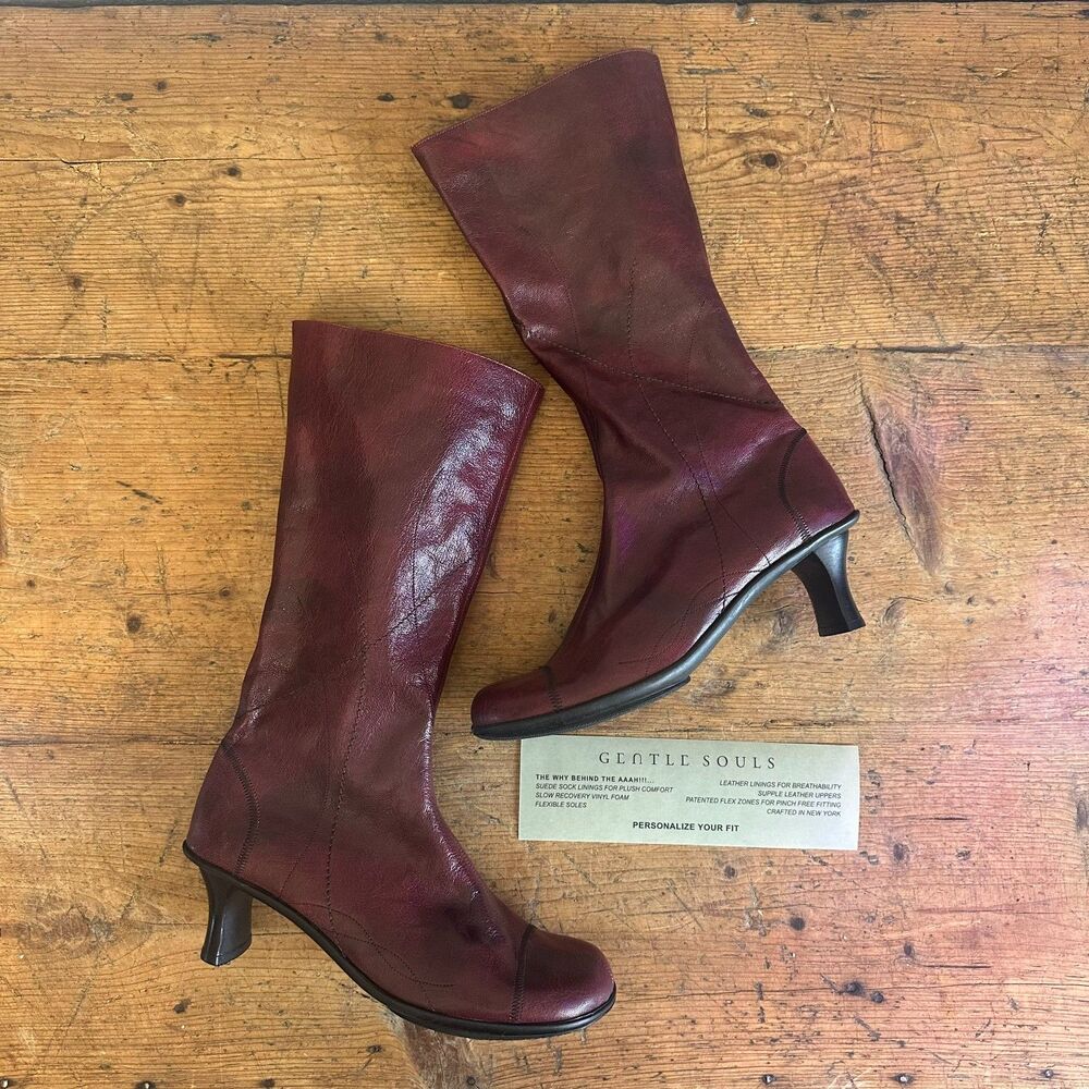 NWOT Y2K Gentle Souls Kitten Heel Boots Leather Burgundy Mid Calf Women's Sz 10